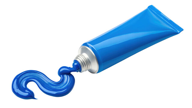 Blue paint tube with glossy paint squeezed out in smooth swirl, showing vibrant color and shiny texture on transparency background