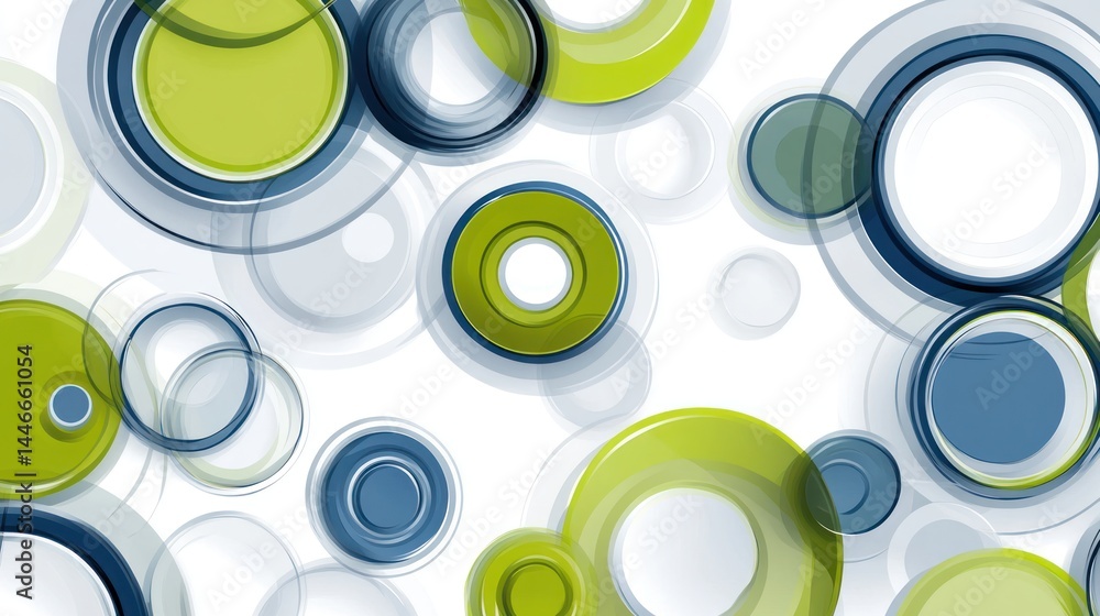 Poster abstract background with layered circles in varying shades of green and blue, set against a white ba