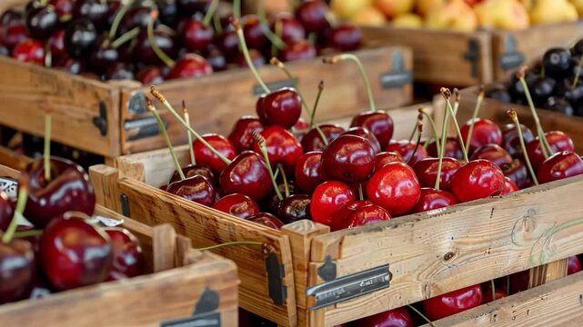 This video features a beautiful arrangement of ripe red cherries in a classic wooden basket, highlighting their freshness and vibrant color, perfect for showcasing a fruit market display.