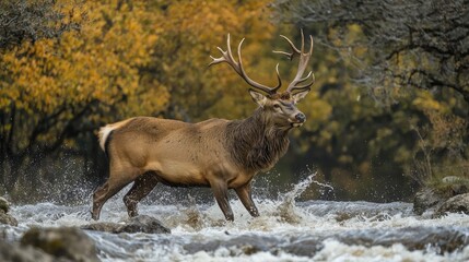 Majestic elk wading through autumnal stream.