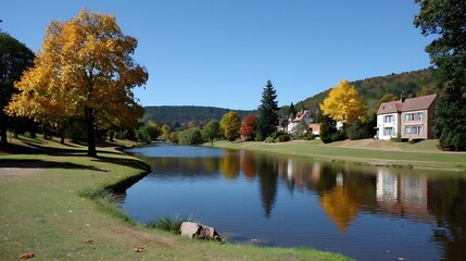 Obraz premium Autumnal Reflections Idyllic Village Pond Fall Foliage.