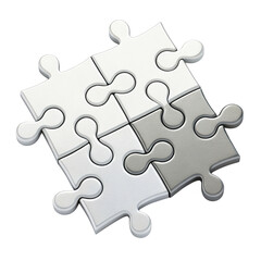 Fototapeta premium Four connected puzzle pieces in white and gray colors fit together perfectly, symbolizing unity and problem solving in clean and simple design