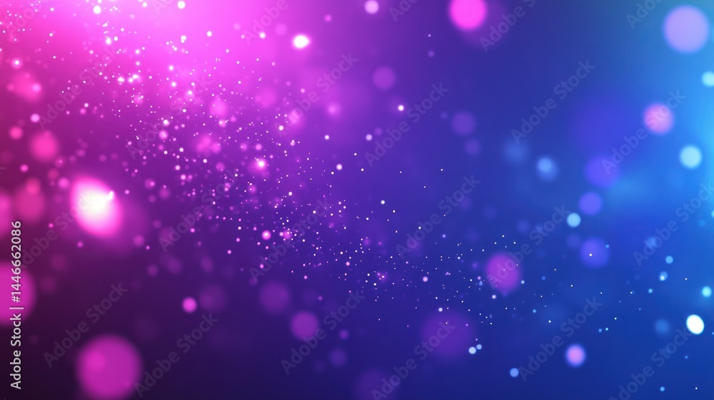 Poster abstract background with pink and blue glowing particles and bokeh effect