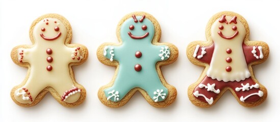 Three gingerbread men cookies isolated, festive holiday sweet treats on white background