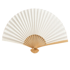 Detailed view of a traditional white paper folding fan, gracefully fanned to display its elegant natural wood ribs.
