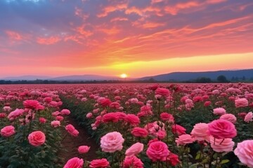 Obraz premium Pink Rose Field Sunset With Low Mountain Horizon