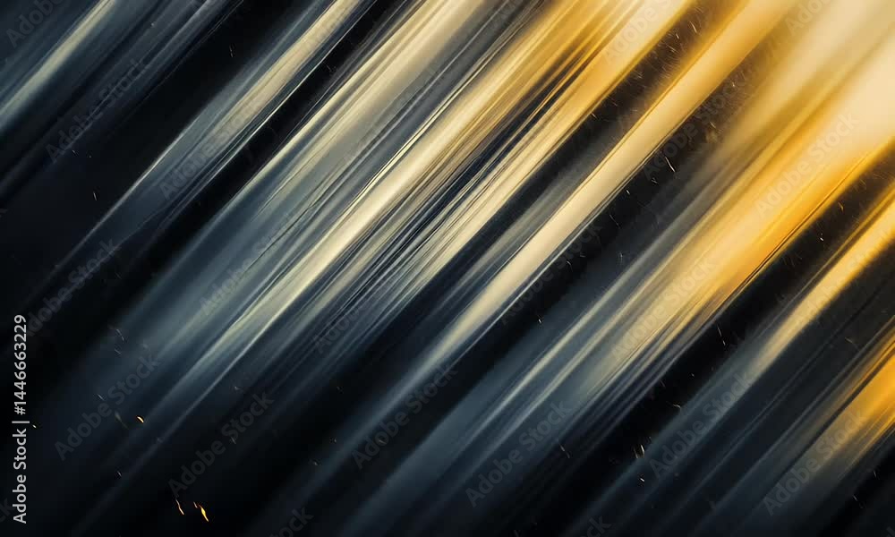 Poster a vertical gradient of golden and silver lines on a dark background, with the bottom left corner sli