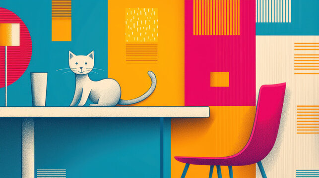 A cute white cat sits near a glass on a table in a modern colorful room, illustrating pet grooming tips with ample copy space in the midground for text.