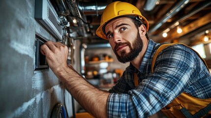 Worker inspects wall-mounted HVAC unit