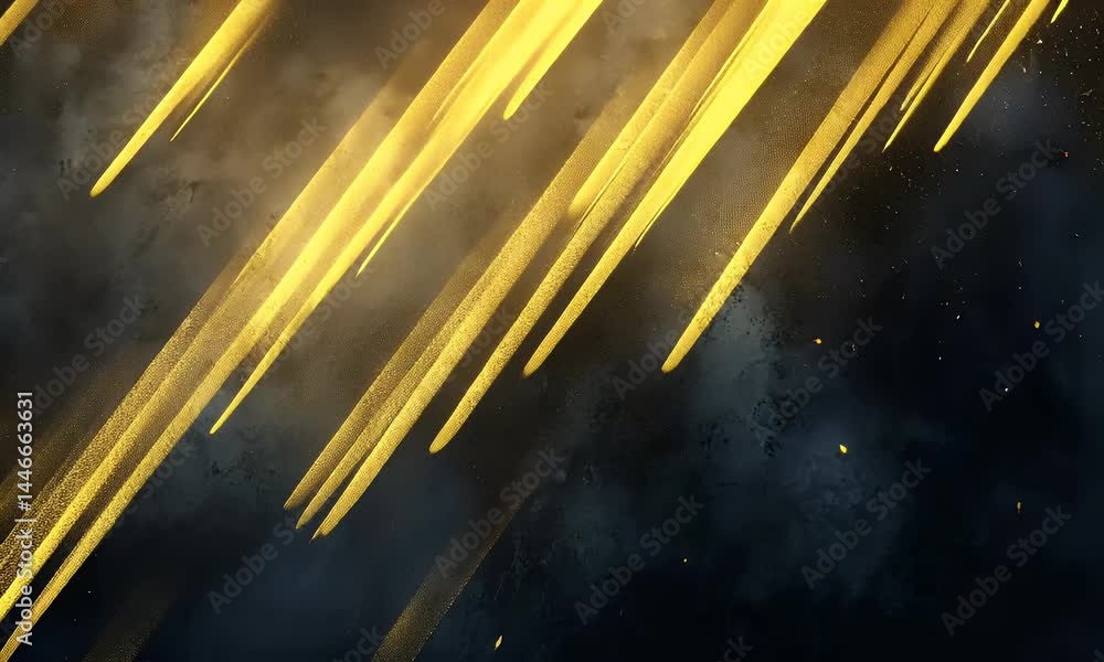 Poster a vertical gradient of golden and silver lines on a dark background, with the bottom left corner sli