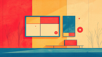 Abstract geometric pet bonding scene shows a fun, modern illustration with vibrant red, yellow, and blue colors creating copy space in the middle for text or design.