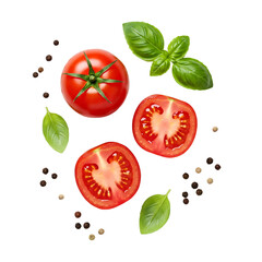 Top-down view of fresh tomatoes, basil leaves, and peppercorns on white background – minimal food composition

