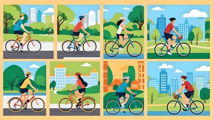 lifestyle background vector. people exercising and cycling in city park
