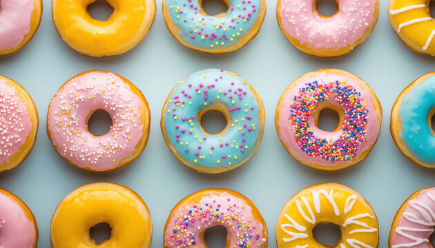 Colorful frosted donut pattern featuring donuts with pink, blue, and yellow icing topped with sprinkles arranged on light blue background, evoking cheerful and sweet mood