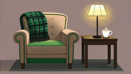 Cozy armchair with green cushion and plaid blanket next to wooden side table holding glowing lamp and steaming cup, creating warm and inviting atmosphere