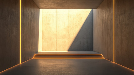 Minimalist concrete room with dim lighting and opening on roof casting triangular shadow, creating calm and modern atmosphere with illuminated steps and walls