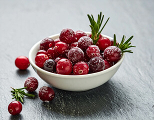 A small bowl of sugared cranberries with fresh rosemary sprigs on  weathered slate tile
