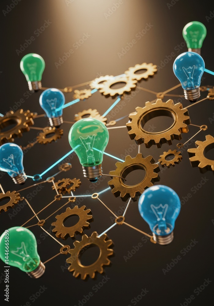 Poster interconnected ideas: a network of gears and lightbulbs representing innovation and teamwork