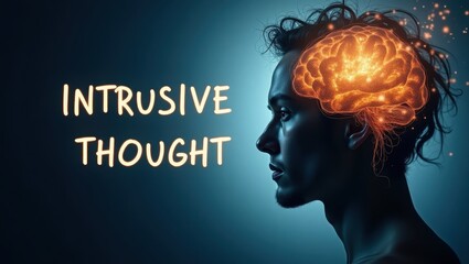Intrusive Thought. Intrusive Mind Invades. Product ad banner copy text. Intrusive thoughts invade womans mind as glowing words hover above her head like ominous warnings.