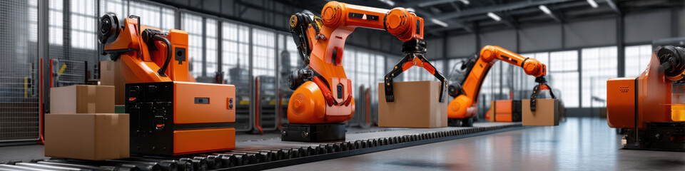 Fototapeta premium Automated robotic arms in industrial warehouse efficiently handle and move cardboard boxes on conveyor belt, showcasing advanced manufacturing technology and productivity