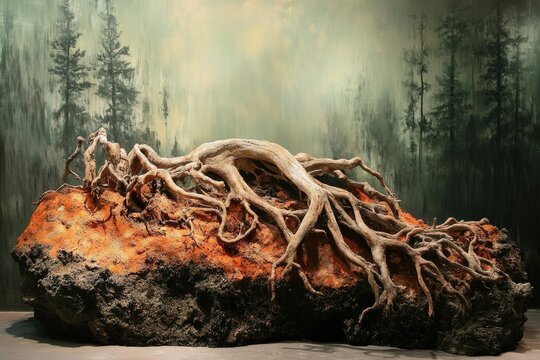 Ancient tree roots exposed, clinging to a rock, set against a misty forest backdrop.