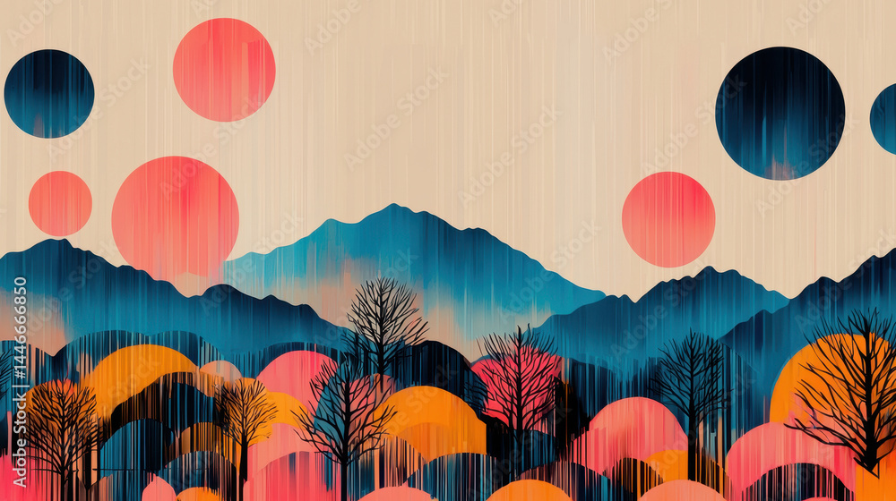 Poster colorful nature illustration reveals a serene mountain range and abstract trees under floating circl