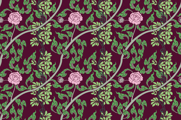 Seamless traditional Thai art floral pattern in damask style motifs suitable for wallpaper, curtain, cloth, textile, tile and fabric design isolated illustration vector archive EPS file.