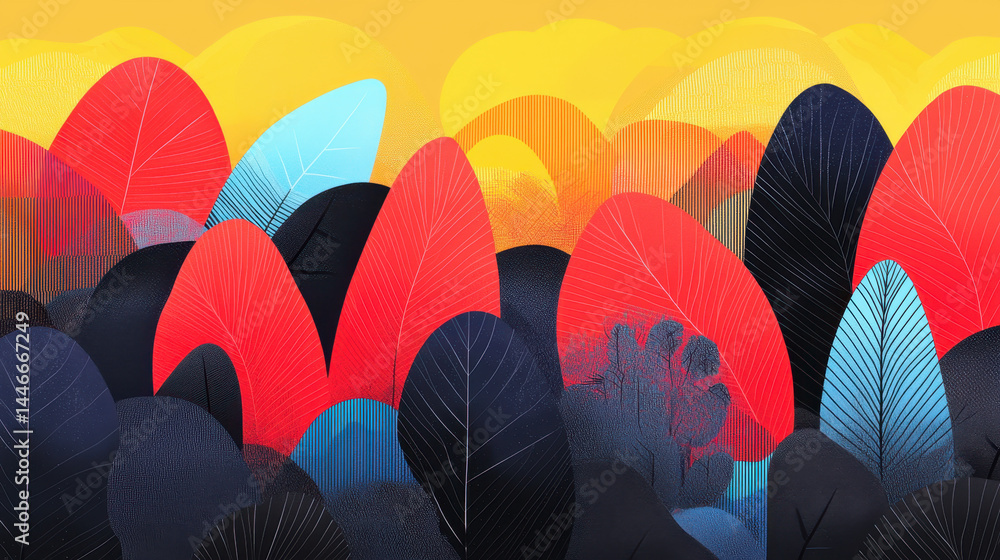 Poster an illustration showing the nature's secrets in a colorful copy space, with stylized leaves arranged