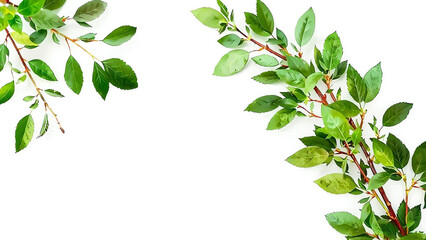 Fresh Green Leaves on Branches Against White Background