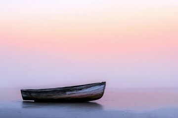 A solitary wooden boat rests on calm, misty water under a pastel sunrise.