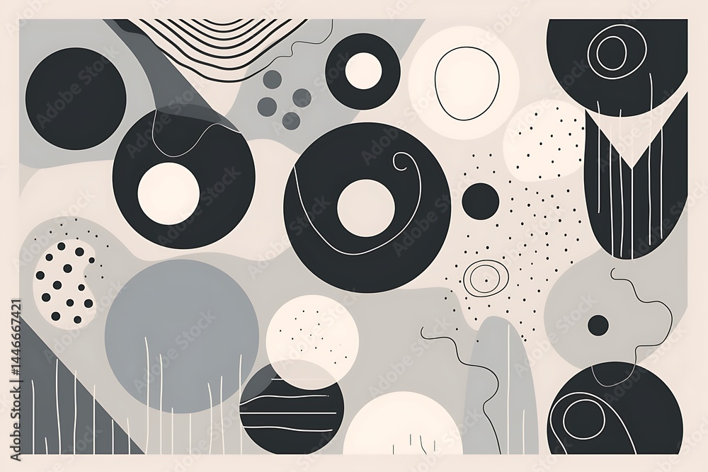 Poster abstract art featuring grayscale circles, lines, and shapes on a beige background. the composition i