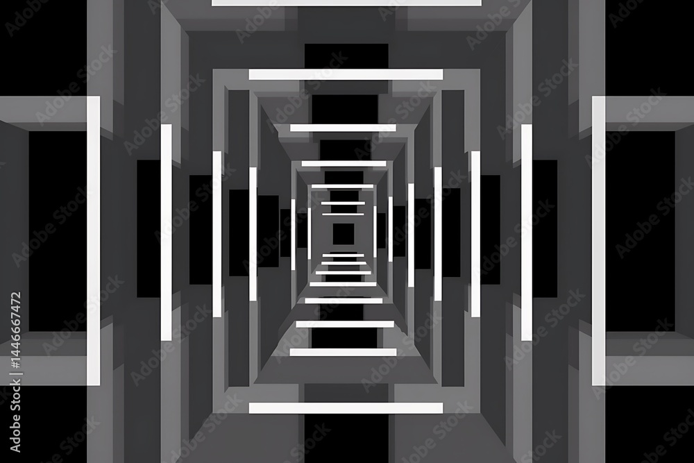 Leinwandbilder Abstract grayscale image depicting a receding tunnel like structure with illuminated white lines creating a sense of depth and perspective. The pattern of the structure consists of repeating squares