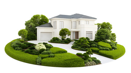 3D Model Of Modern House Exterior With Landscaping - Illustration