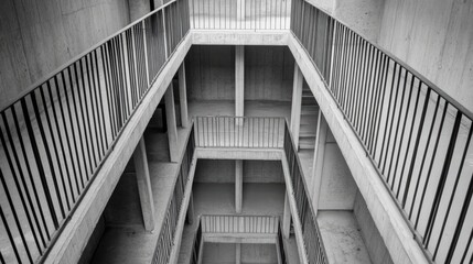Grayscale Photograph of a Modern Building's Interior Stairwell with Geometric Patterns
