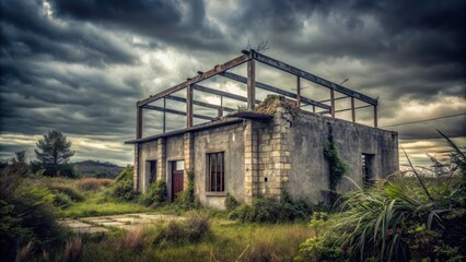 Fototapeta premium A dilapidated structure, ravaged by time and weather, stands solitary amidst overgrown vegetation under a brooding, stormy sky. Its skeletal remains hint at a forgotten past.