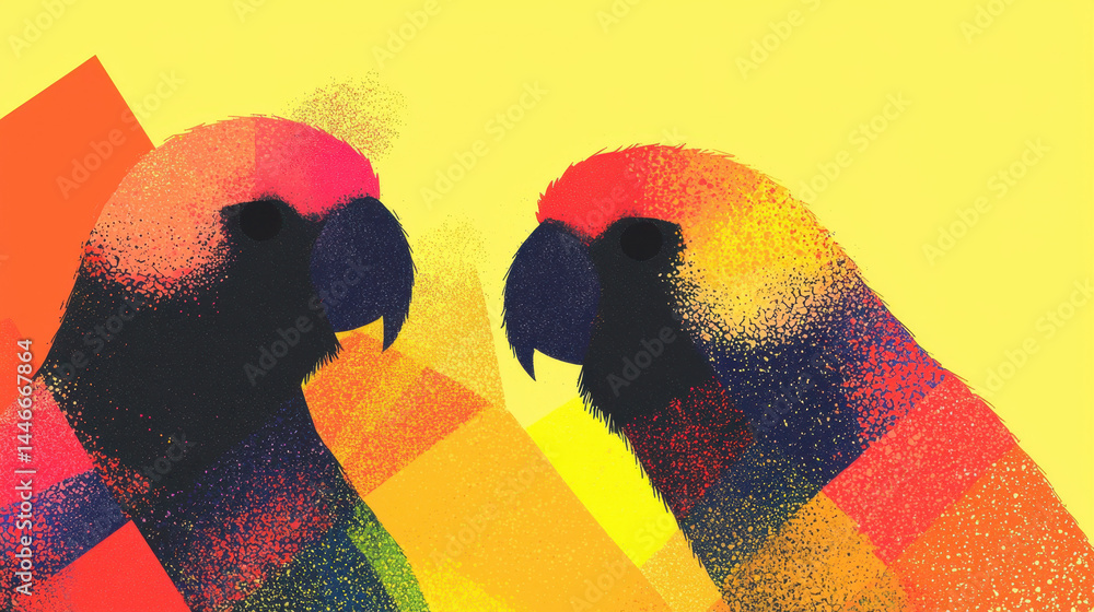 Poster colorful illustration depicting two vibrant avian creatures against a soft yellow backdrop with geom