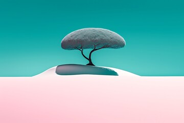 A single, frost covered tree sits atop a small, pale pink hill against a teal sky. Minimalist, surreal landscape with pastel colors