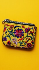 Yellow Embroidered Pouch with Floral Design and Zipper on Vibrant Background