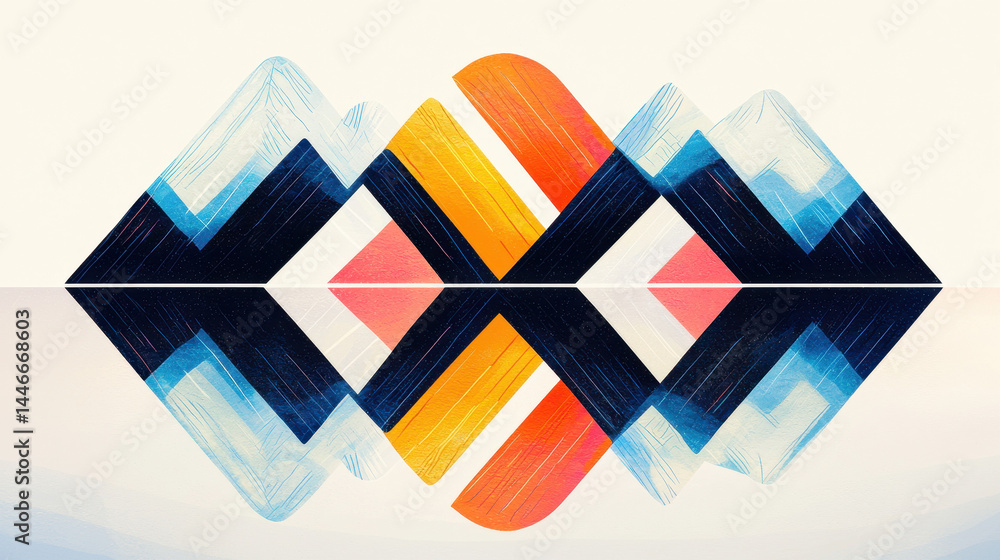 Poster colorful mountain range illustration with mirrored reflections in a serene lake, creating a symmetri