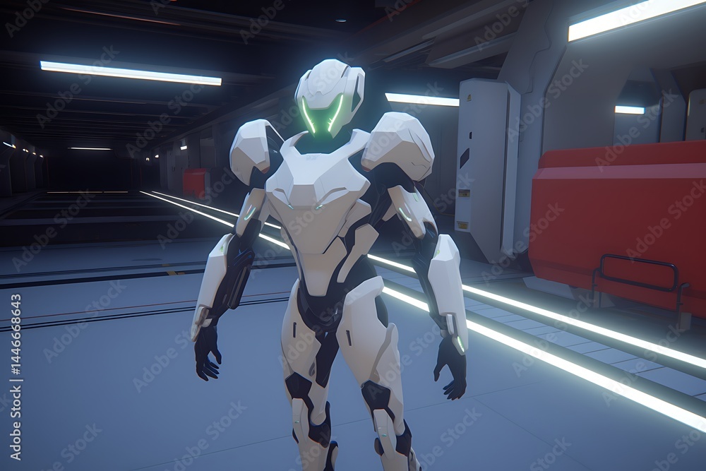 Poster a futuristic white and black robot stands in a dimly lit, metallic corridor. the robot has glowing g