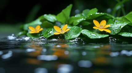 Close-up view of vibrant yellow flowers in a watery environment.