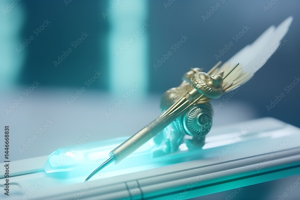 Aufkleber close up view of a gold figurine with wings resting on a sleek white surface, illuminated by a teal 
