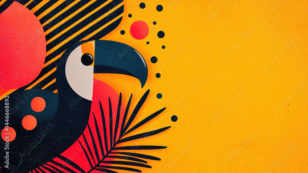 Poster modern animal art features a stylized toucan illustration with abstract shapes and vibrant colors, c