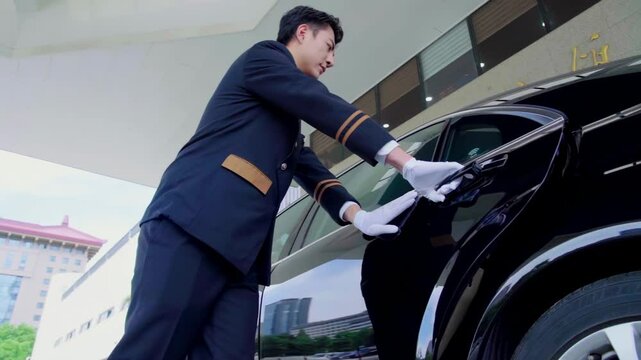Smiling porter in uniform opening door of taxi cab and greeting female guest arriving at hotel. Service-minded doorman opening car door for guest
