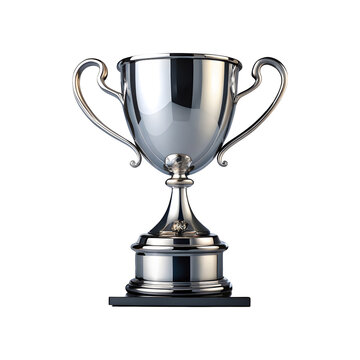 a silver trophy with a wide, shallow bowl and two handles on either side on a transparent background