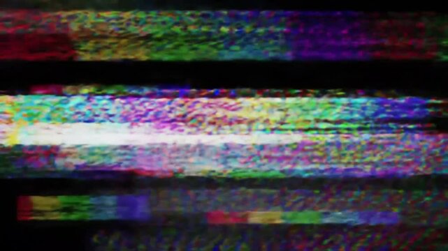 Vibrant analog TV glitch test pattern with multicolored static distortion and noise, evoking retro VHS aesthetics, broadcast malfunction, and cyberpunk-style visual disruption in digital media.

