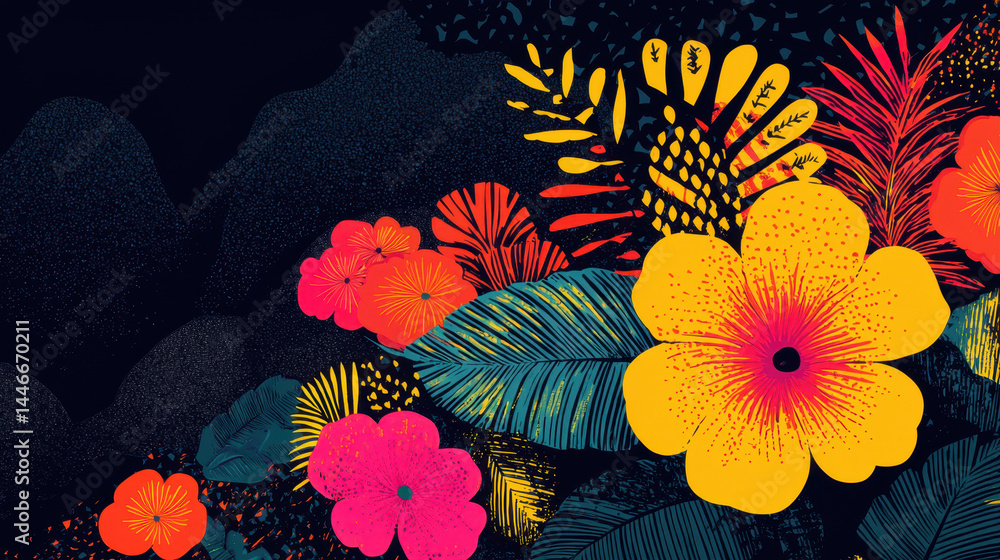Poster vibrant floral illustration with a lush array of colorful flora and copy space in the center, perfec