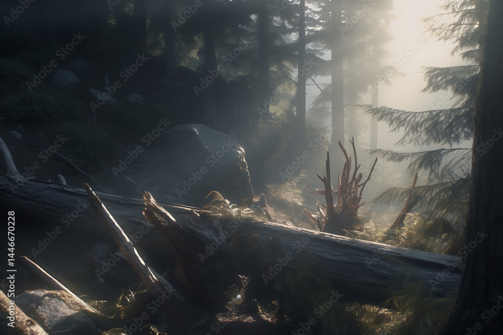 Aufkleber sunbeams illuminate a misty forest scene. fallen logs and tree branches dominate the foreground, wit