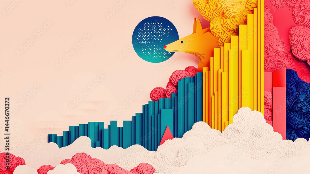 Poster loyal wolf illustration with copy space reveals a colorful abstract composition filled with geometri