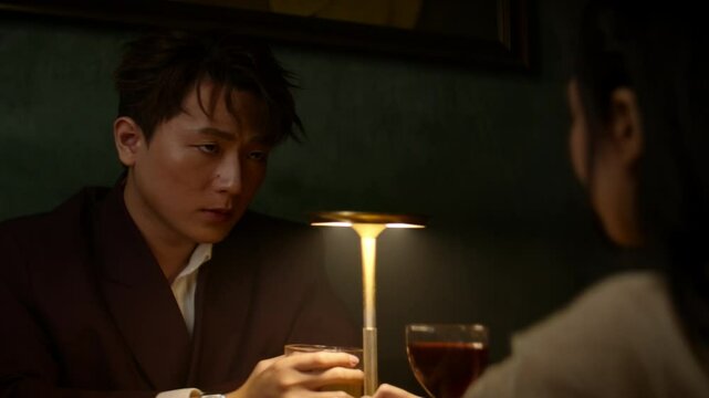 A tense moment between an Asian couple, sitting in silence during a breakup